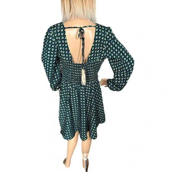 New BAND OF THE FREE Genevieve Autumn Teal Diamond Long Sleeve Mini Dress - Picture 8 of 11